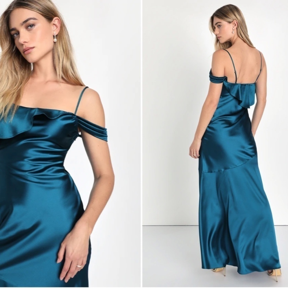 LULU's Sexy Prom Wedding Bridesmaid Teal Satin ROmantic Maxi Gown - Picture 3 of 3